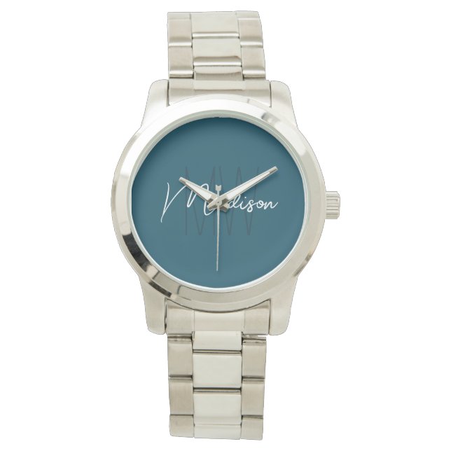 Modernes minimalistisches Monogramm Blau Skript Na Armbanduhr (Vorderseite)