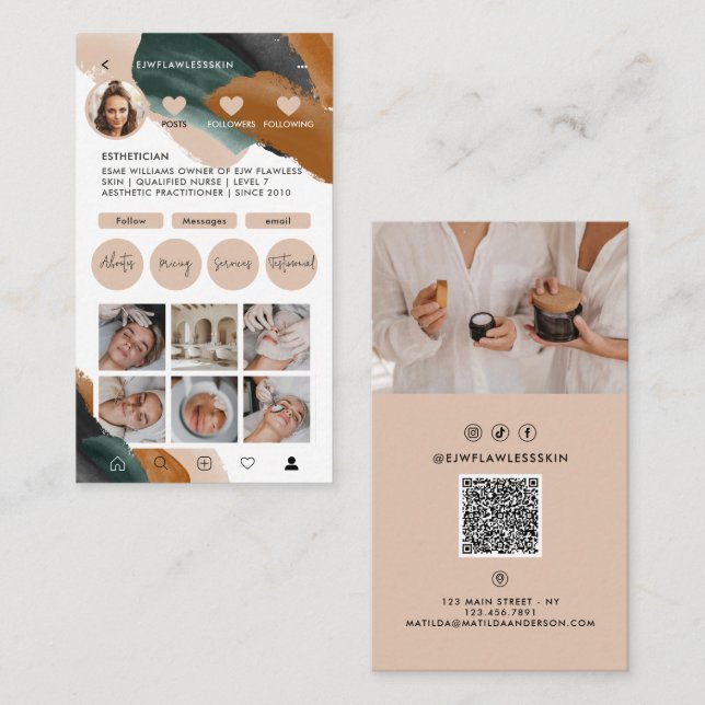 Modernes, minimalistisches Multi-Foto QR CODE Beig Visitenkarte (Vorne/Hinten)