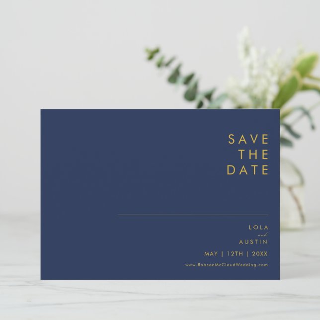 Modernes Minimalistisches Navy Blue | Horizontaler Save The Date (Stehend Vorderseite)