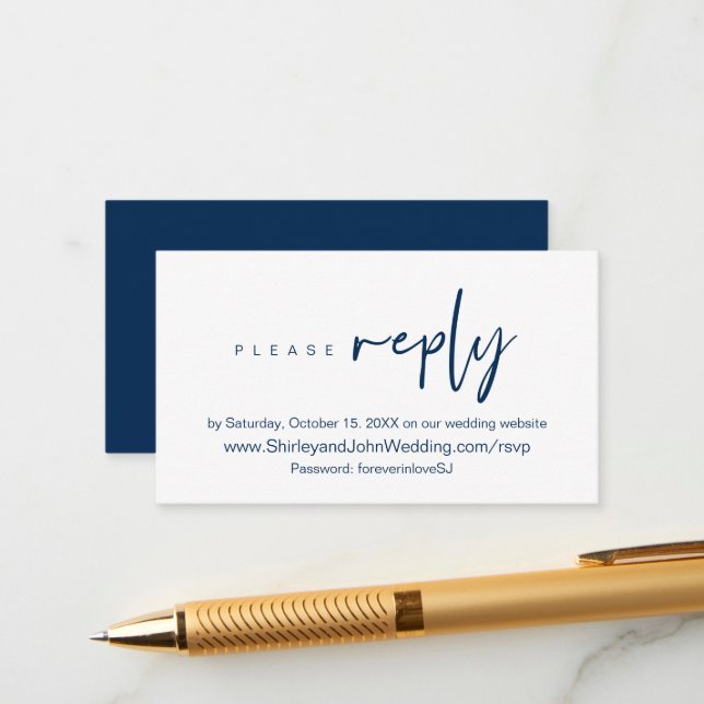 Modernes Minimalistisches, Navy Blue Script, Onlin Begleitkarte (Vorderseite/Rückseite Beispiel)