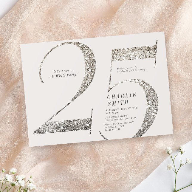 Modernes, minimalistisches Party 25. Einladung (Modern minimalist all white party 25th birthday invitation)