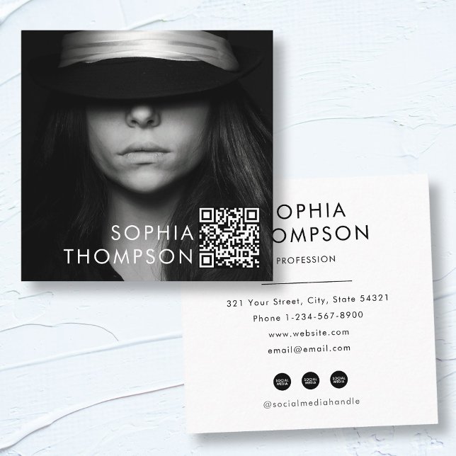 Modernes Minimalistisches QR-Code Berufliches Foto Quadratische Visitenkarte (Modern Minimalist QR Code Professional Photo Square Business Card)