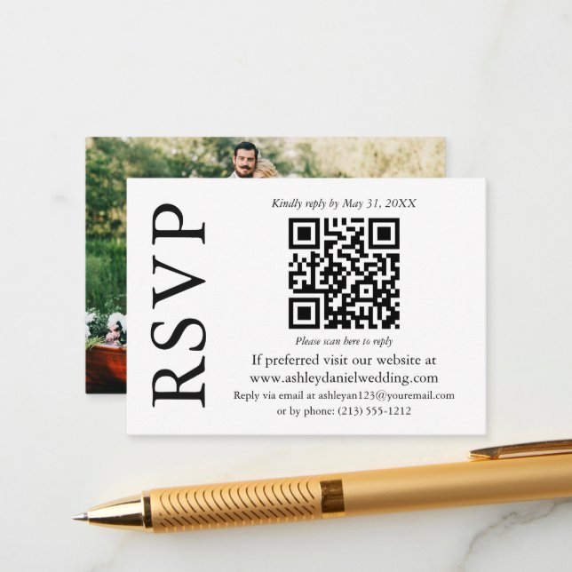 Modernes, Minimalistisches QR Foto Wedding RSVP Begleitkarte (Vorderseite/Rückseite Beispiel)