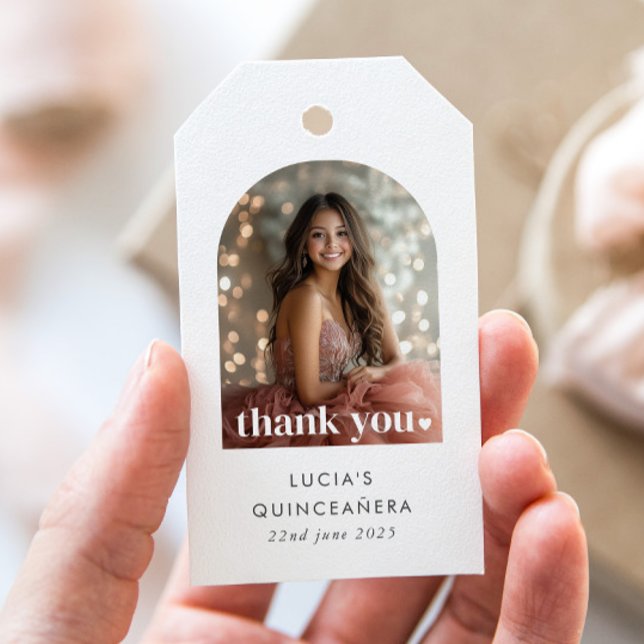 Modernes Minimalistisches Quinceañera Arted Foto G Geschenkanhänger (Zazzle Modern Minimalist Quinceañera Arched Photo Favor Gift Tags)