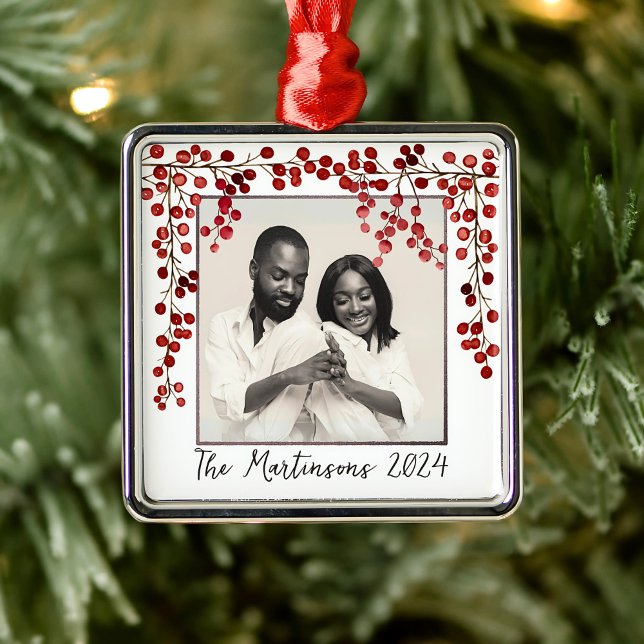 Modernes Minimalistisches Red Berries Weihnachtsfe Ornament Aus Metall (Von Creator hochgeladen)