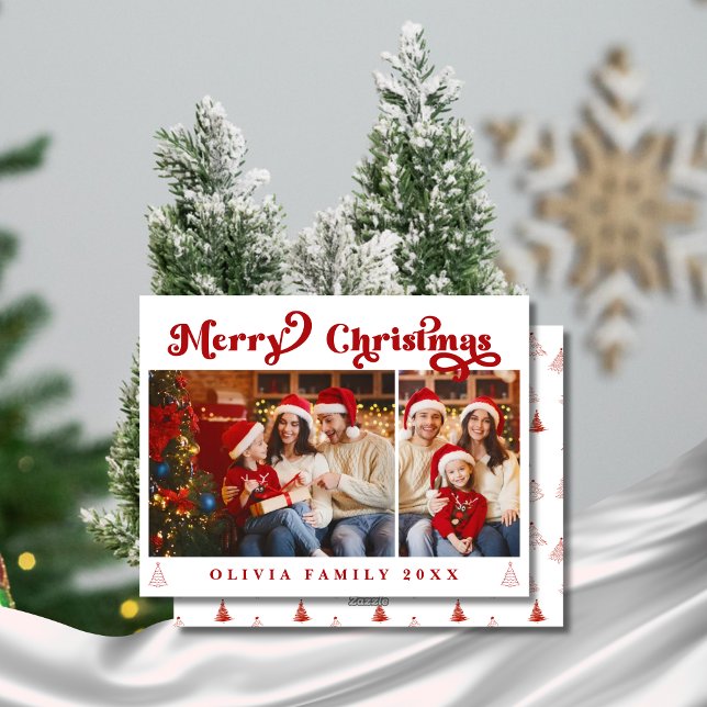 Modernes Minimalistisches Retro Weihnachten Zwei F (Modern Minimalist Red Retro Christmas Two Photo Holiday Card)