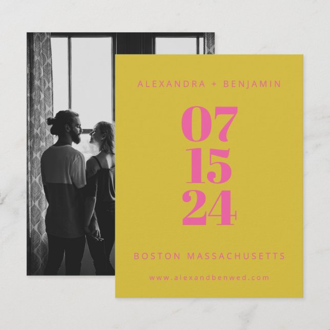 Modernes, Minimalistisches, rosa gelbes Foto Save The Date (Vorne/Hinten)