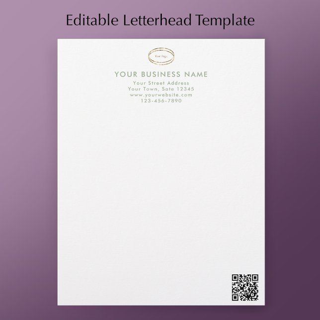 Modernes minimalistisches Salbei-Grün QR-Code-Gesc Briefbogen (Personalize this modern sage green script letterhead with your business details, logo & QR code.
)
