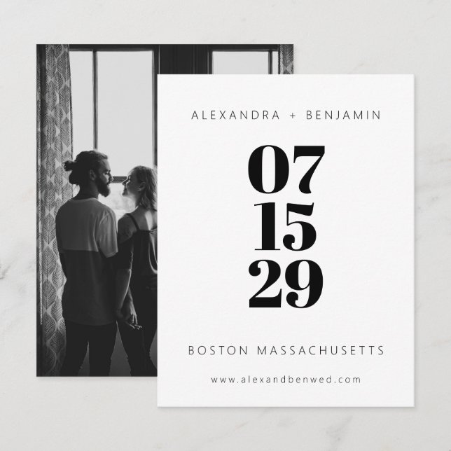 Modernes Minimalistisches Schwarz-Weiß-Foto Save The Date (Vorne/Hinten)