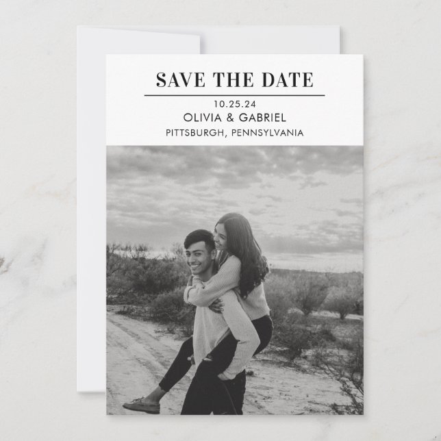 Modernes Minimalistisches Schwarz-weißes Foto Save Save The Date (Vorderseite)