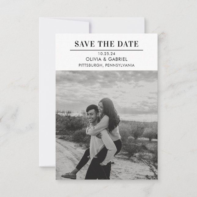 Modernes Minimalistisches Schwarz-weißes Foto Save The Date (Vorderseite)
