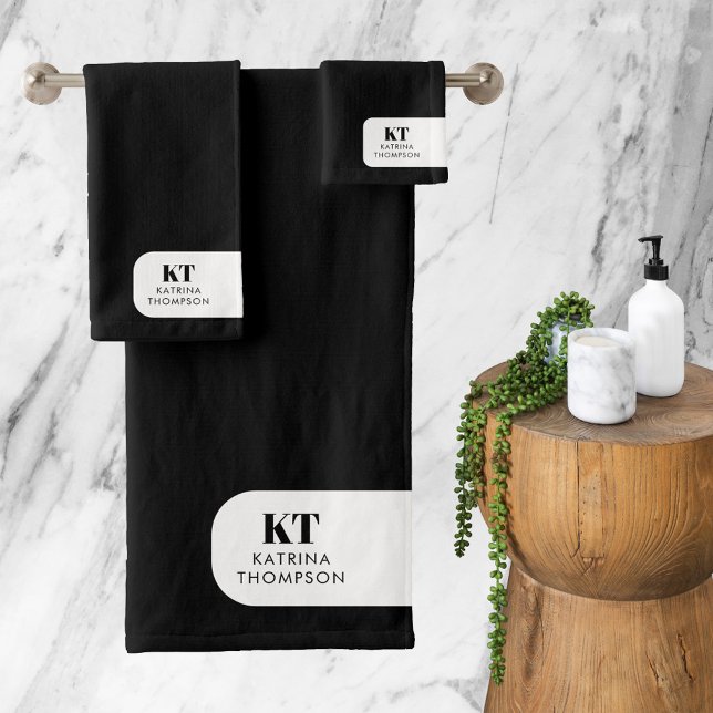 Modernes Minimalistisches Schwarz-weißes Initialmo Badhandtuch Set (Von Creator hochgeladen)