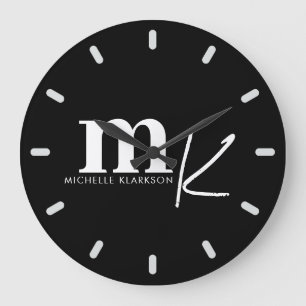 Modernes Minimalistisches Schwarz-weißes Monogramm Große Wanduhr