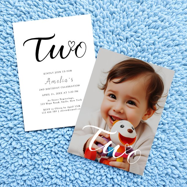 Modernes Minimalistisches Schwarzes Foto 2. Geburt Einladung (Von Creator hochgeladen)