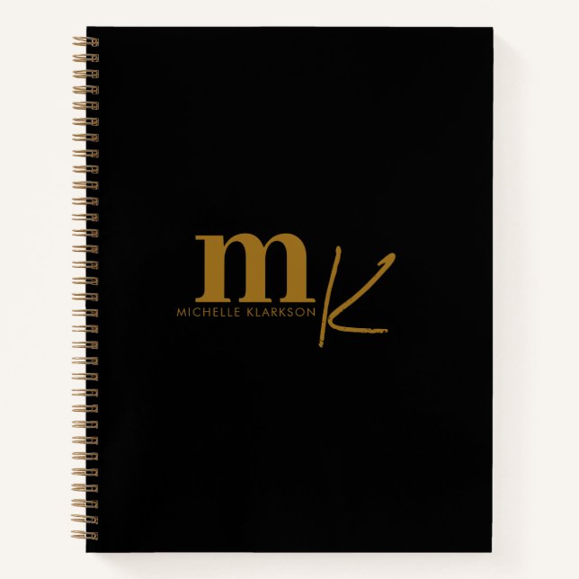 Modernes Minimalistisches Schwarzes Gold Monogramm Notizbuch (Vorderseite)