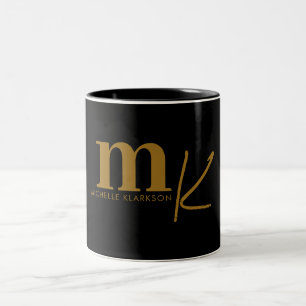 Modernes Minimalistisches Schwarzes Gold Monogramm Zweifarbige Tasse