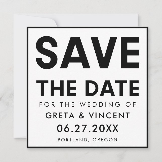 Modernes, minimalistisches Schwarzweiß-Quadrat Save The Date (Vorderseite)