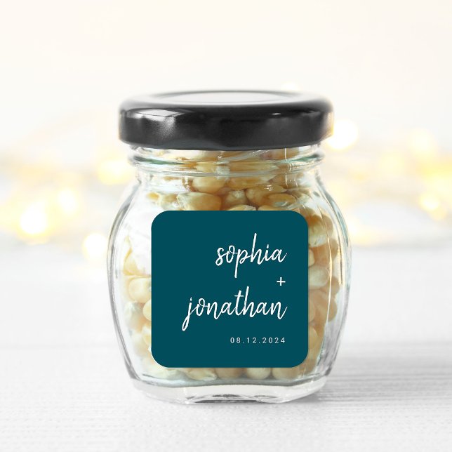 Modernes Minimalistisches Script Deep Aquamarin |  Quadratischer Aufkleber (Von Creator hochgeladen)