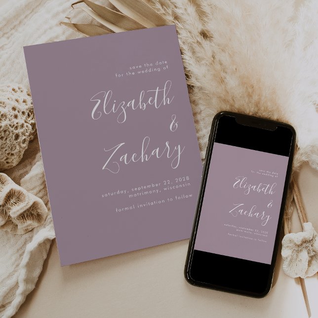 Modernes Minimalistisches Script Dusty Lilac Save  Ankündigung (Von Creator hochgeladen)