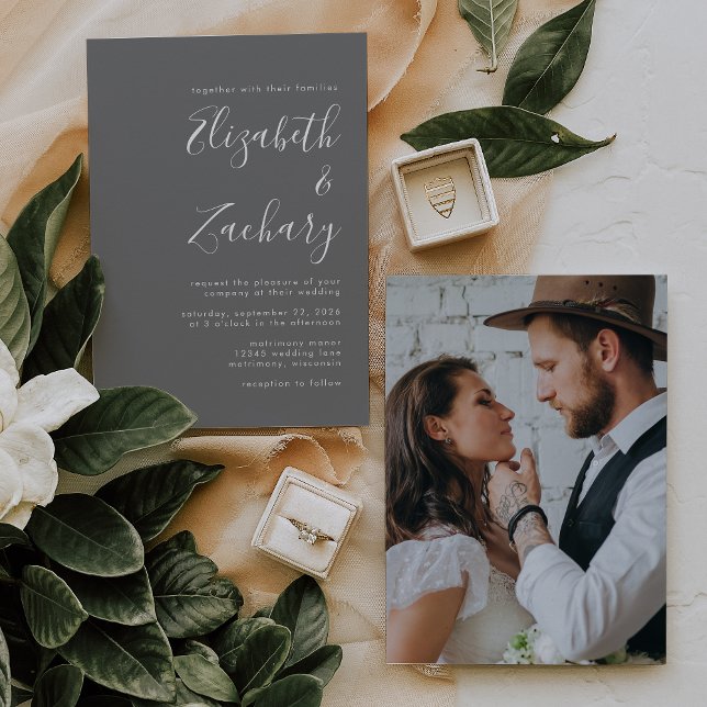 Modernes Minimalistisches Script Foto Gray Wedding Einladung (Von Creator hochgeladen)