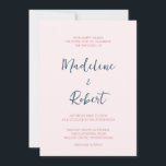 Modernes Minimalistisches Script Pink Blue Wedding Einladung<br><div class="desc">Diese eleganten,  minimalistischen Einladungen für Hochzeiten sind in Rosa und Blau gehalten,  moderne Schrift-Typografie und eine handgeschriebene Kalligrafie sorgen für ein stilvolles,  rot-rosa Design,  das Sie in Liebe setzen werden.</div>