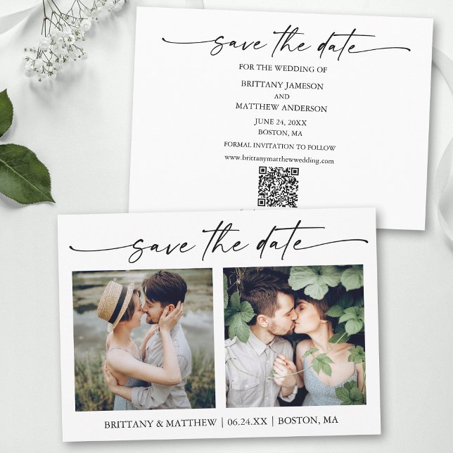 Modernes Minimalistisches Skript 2 Fotos QR-Code Save The Date (Add your wedding website or social media web address to the QR Scan Code.)