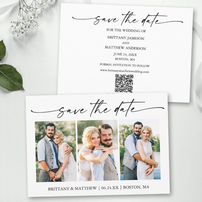 Modernes Minimalistisches Skript 3 Fotos QR-Code Save The Date (Add your wedding website or social media web address to the QR Scan Code.)