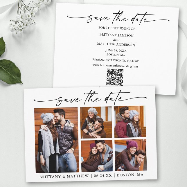 Modernes Minimalistisches Skript 5 Fotos QR-Code Save The Date (Add your wedding website or social media web address to the QR Scan Code.)