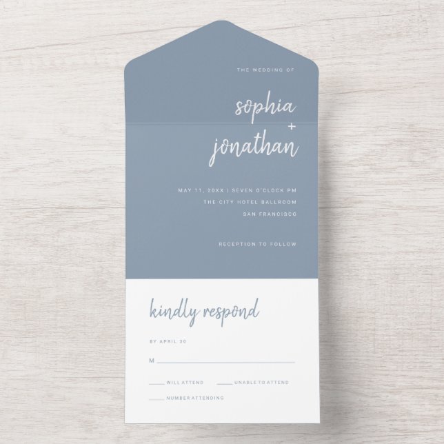 Modernes Minimalistisches Skript | Dusty Blue Wedd All In One Einladung (Innen Boden)