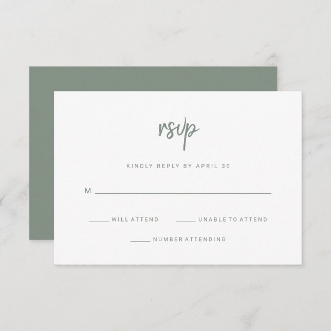 Modernes Minimalistisches Skript | White and Sage  RSVP Karte (Vorne/Hinten)