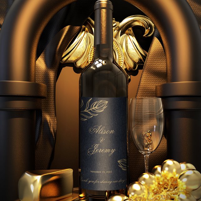 Modernes Minimalistisches Tief Blau & Gold Botanis Weinetikett (Von Creator hochgeladen)