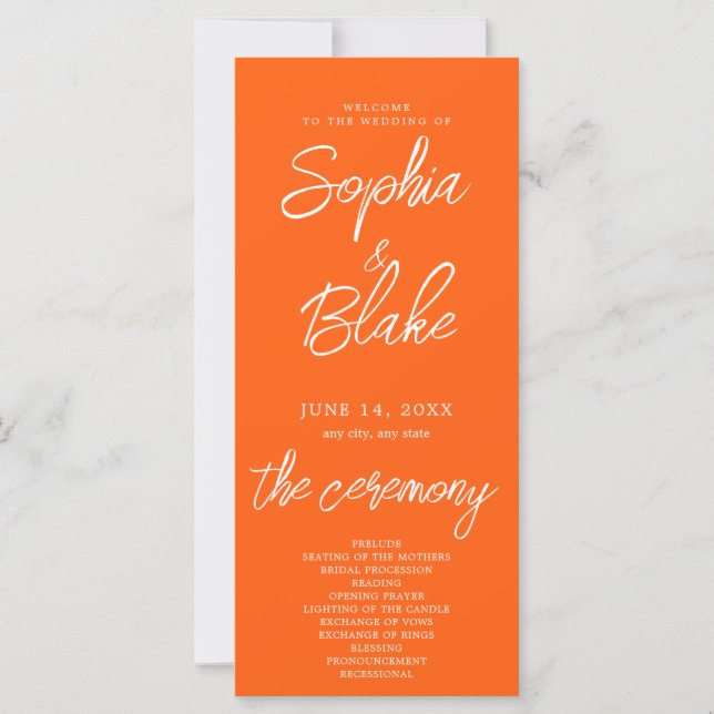 Modernes Minimalistisches Vivid Orange Hochzeitspr (Vorderseite)