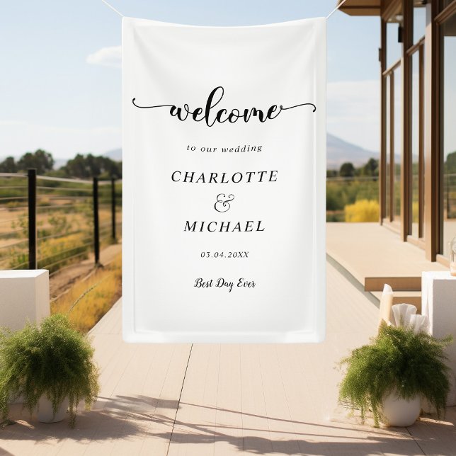 Modernes, minimalistisches, weißes Ambiente, Begrü Banner (Modern, Minimal, White, Script Font, Wedding "Welcome" Banner with your Name & Date.)