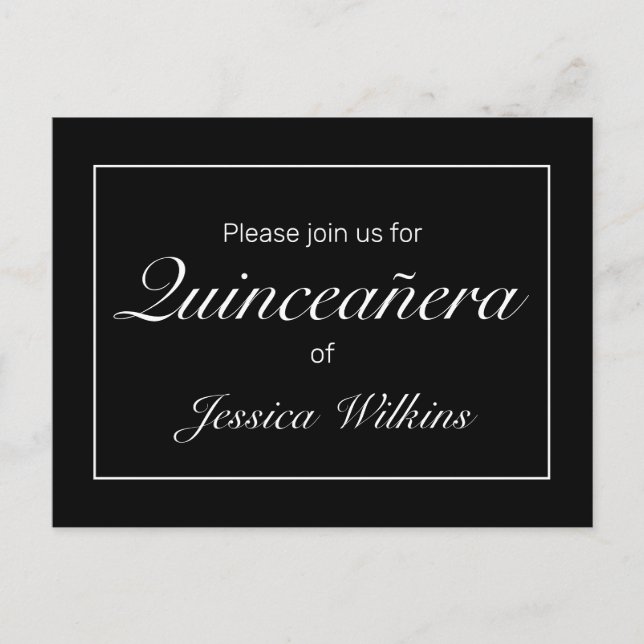 Modernes Minimalistisches Weißes Schwarzes Quinceñ Ankündigungspostkarte (Vorderseite)