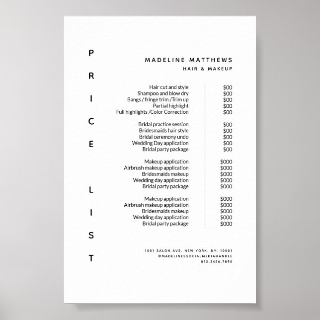 Modernes Minimalistisches Weißsalon-Preismenü Poster (Vorne)