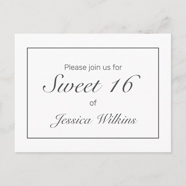 Modernes Minimalistisches Weißschwarzes Süß 16 Ankündigungspostkarte (Vorderseite)