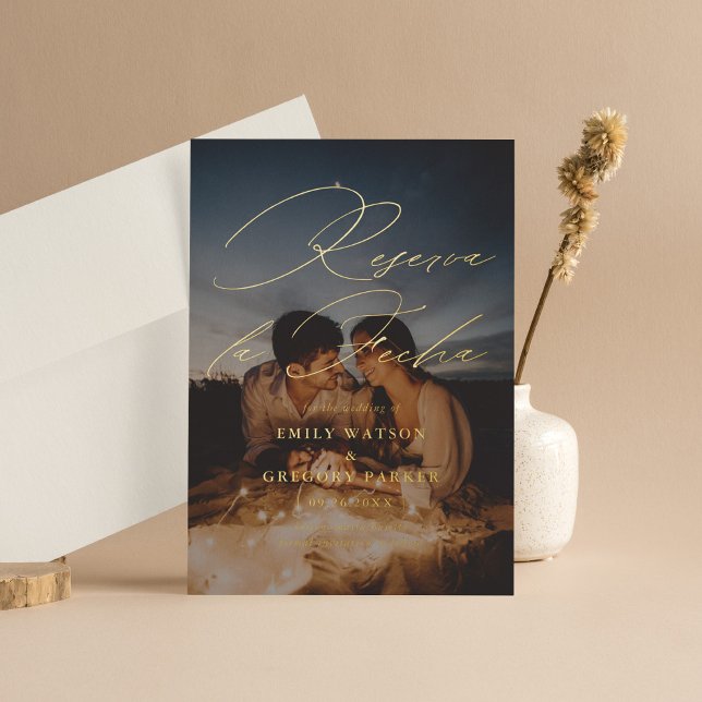 Modernes Minimalkalligrafisches Foto Reserva la Fe Folieneinladung (Von Creator hochgeladen)