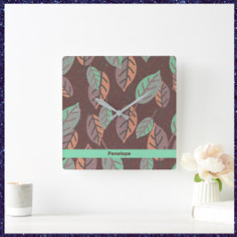 Modernes Minze grünes Orange und Lila Blätter Quadratische Wanduhr