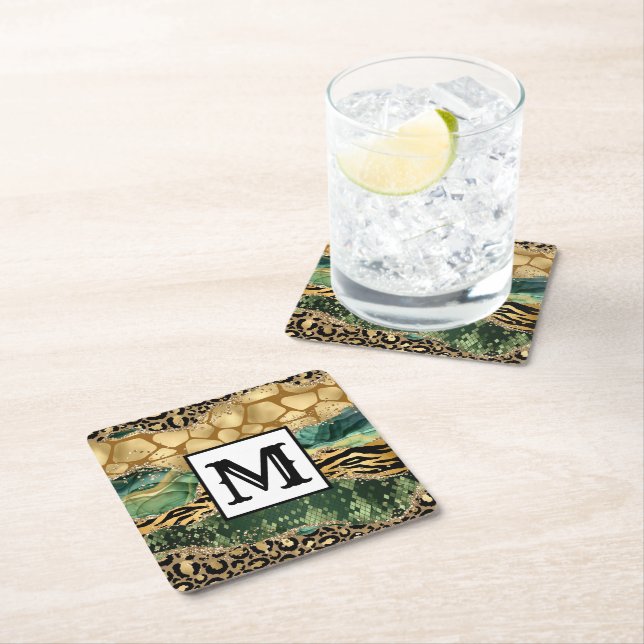 Modernes Mischtierdruckmonogramm Rechteckiger Pappuntersetzer (Vor Ort)