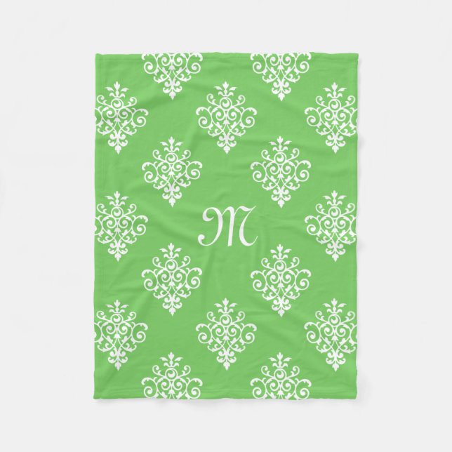 Modernes, Mit Monogramm-helles Green Damask Muster Fleecedecke (Vorderseite)