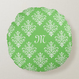 Modernes, Mit Monogramm-helles Green Damask Muster Rundes Kissen