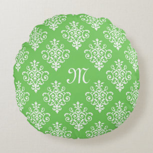 Modernes, Mit Monogramm-helles Green Damask Muster Rundes Kissen