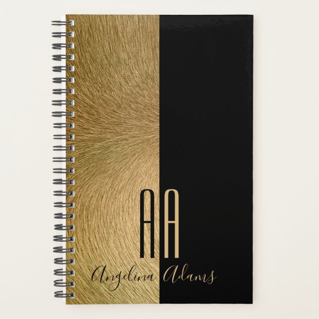 Modernes Mit Monogramm Schwarz-Gold-Fell Planer (Vorderseite)