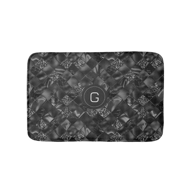 Modernes Mit Monogramm Schwarzes Imitat Glitzer Pa Badematte (Vorderseite)