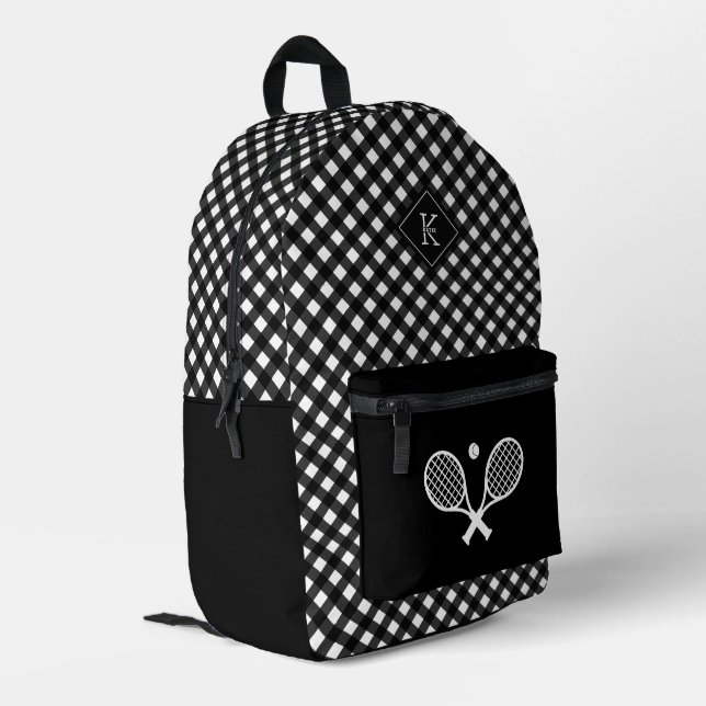 Modernes Mit Monogramm Tennis-Player-Kariertes Mus Bedruckter Rucksack (Rückseitige Ecke links)
