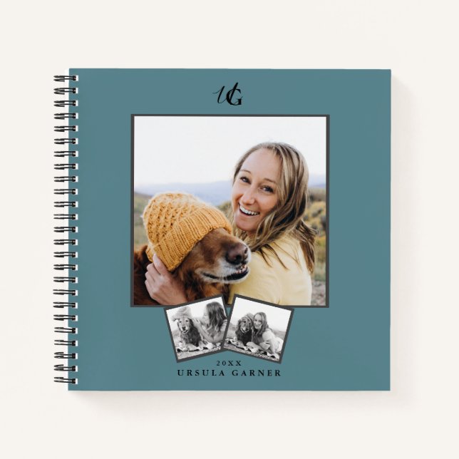 Modernes Mit Monogramm Türkisblau 3-Foto Notizbuch (Vorderseite)