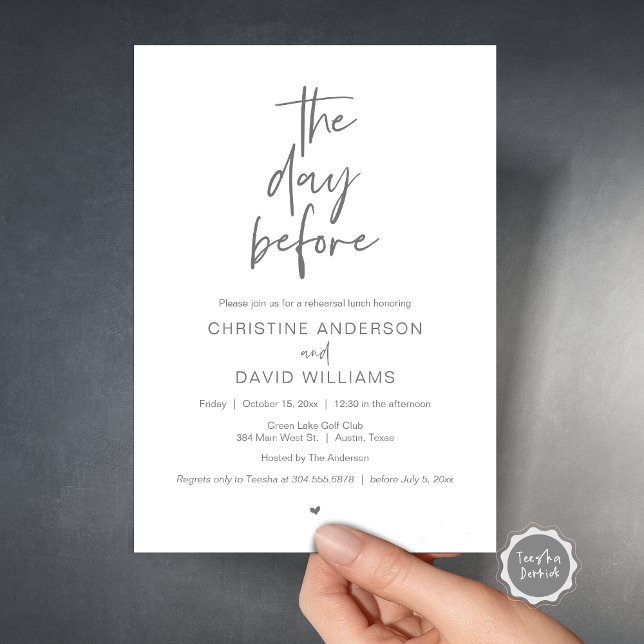 Modernes Mittagessen in der Probe Einladung (The day before, Wedding Rehearsal Lunch Invitation Card, Modern Minimalist Script, Dark Grey)
