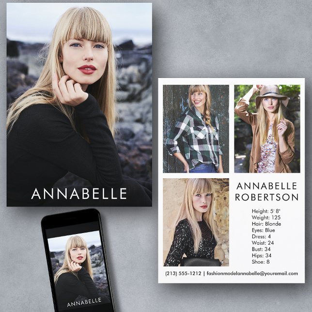 Modernes Modelling von 4 Fotos Modell Comp Card Einladung (Customize to change background color, text size or text style. Available for prints and download.)