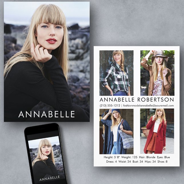 Modernes Modelling von 5 Fotos Modell-Comp-Karte Einladung (Customize to change background color, text size or text style. Available for prints and download.)