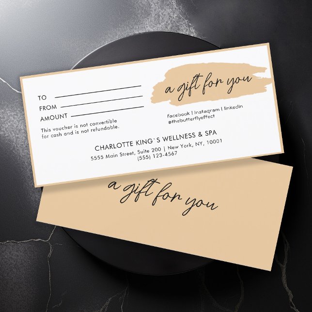 Modernes, modernes, beigefarbenes Business (Trendy, modern, handwriting, beige business gift certificate.)